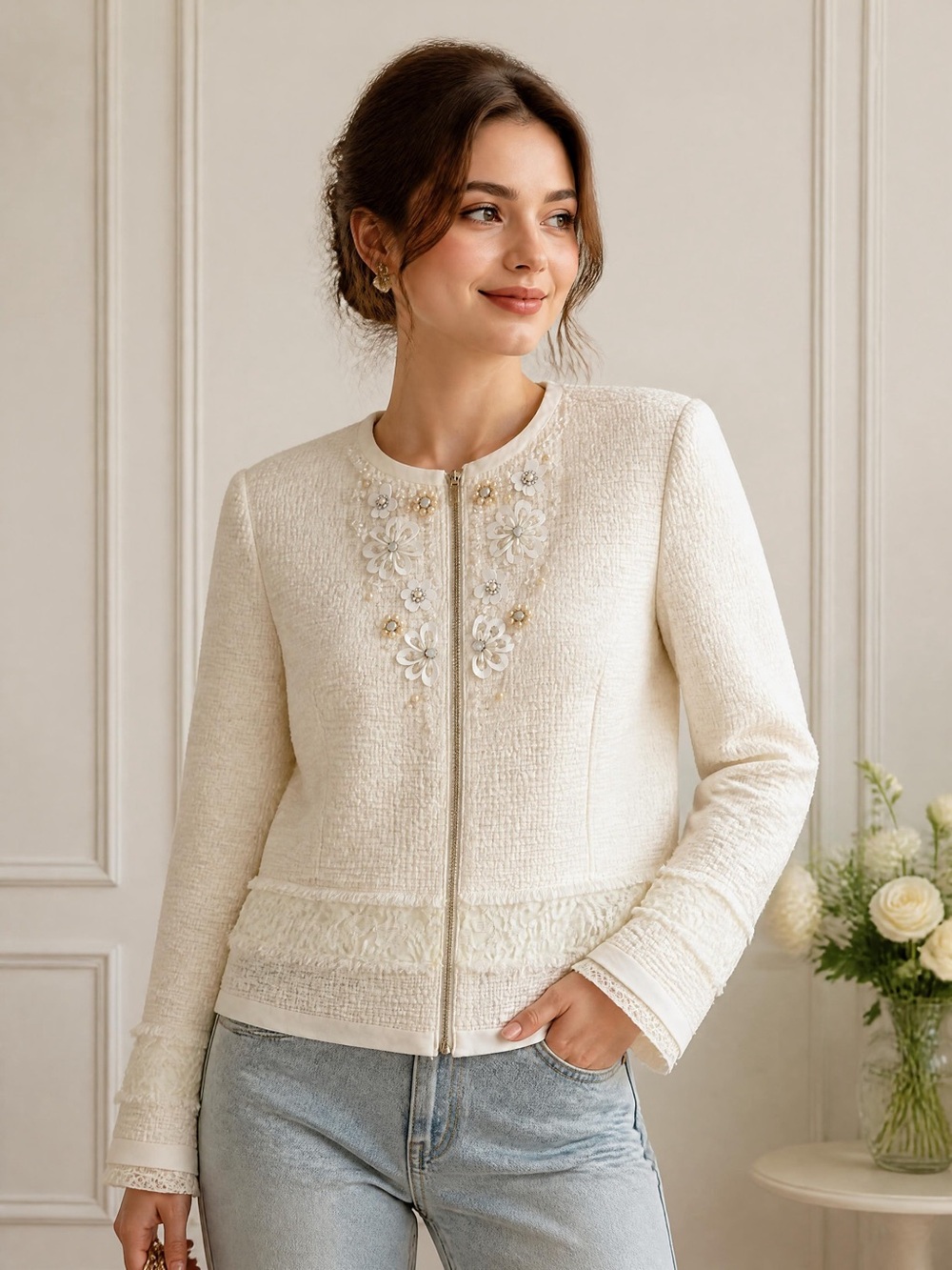 Marc Cain Cream Embellished Zip-Front Jacket Size US 4 - 6